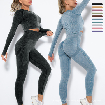 Tummy Control Yoga Sports Wear Stretchy Seamless Sport Suits Set For Women Washed Long Sleeve Yoga Sets